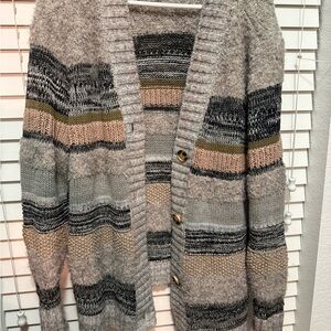 Cabi Chunky Knit Cardigan Sweater Size L Neutral Striped Cozy Button Front